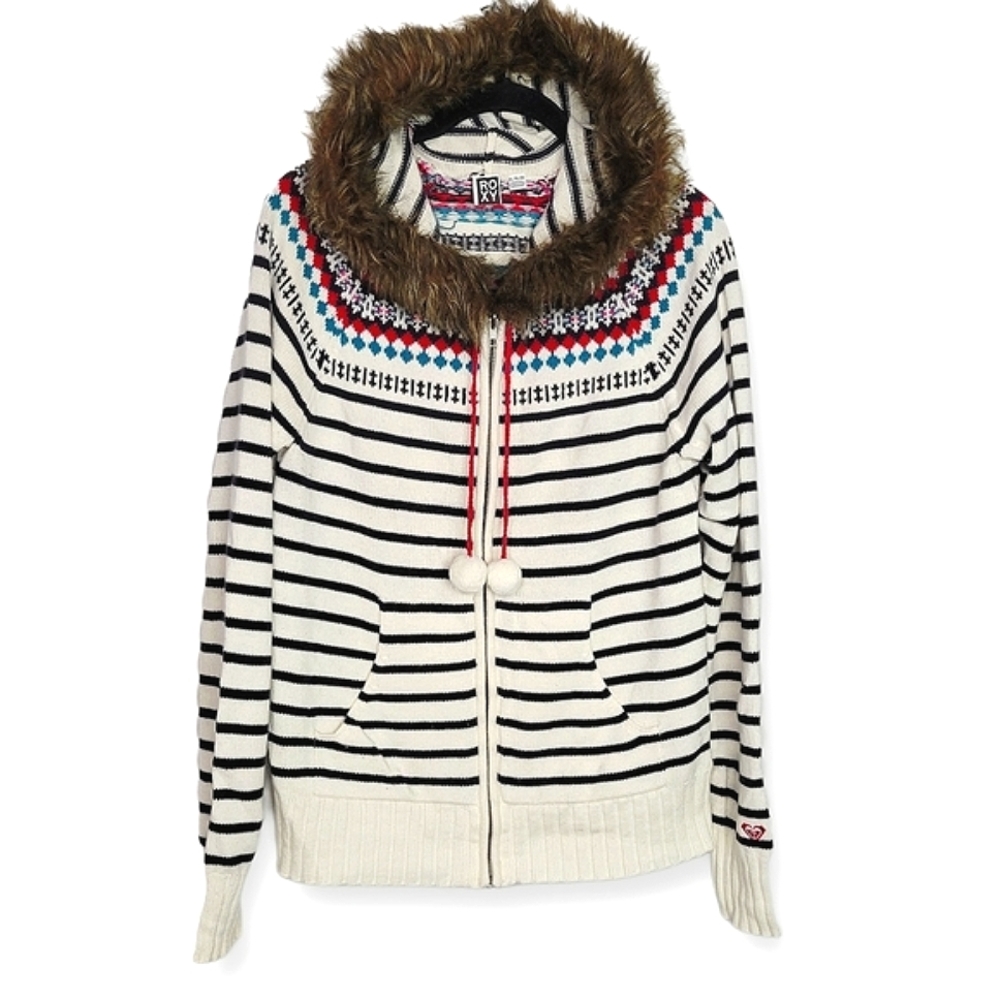 Roxy Knit Hooded Zip-up Jacket Faux Fur Trim